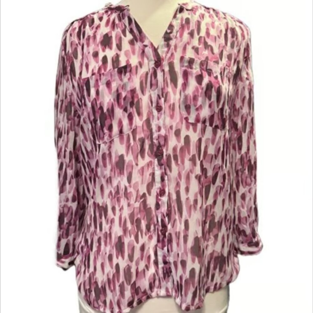 Covington Essentials Pink Top Abstract Button Down Blouse Front Pockets SM